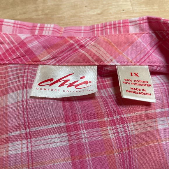 Vintage Chic Short Sleeve Button Down Cuff Sleeve Vent Side Blouse Size 1X Pink - Picture 6 of 12